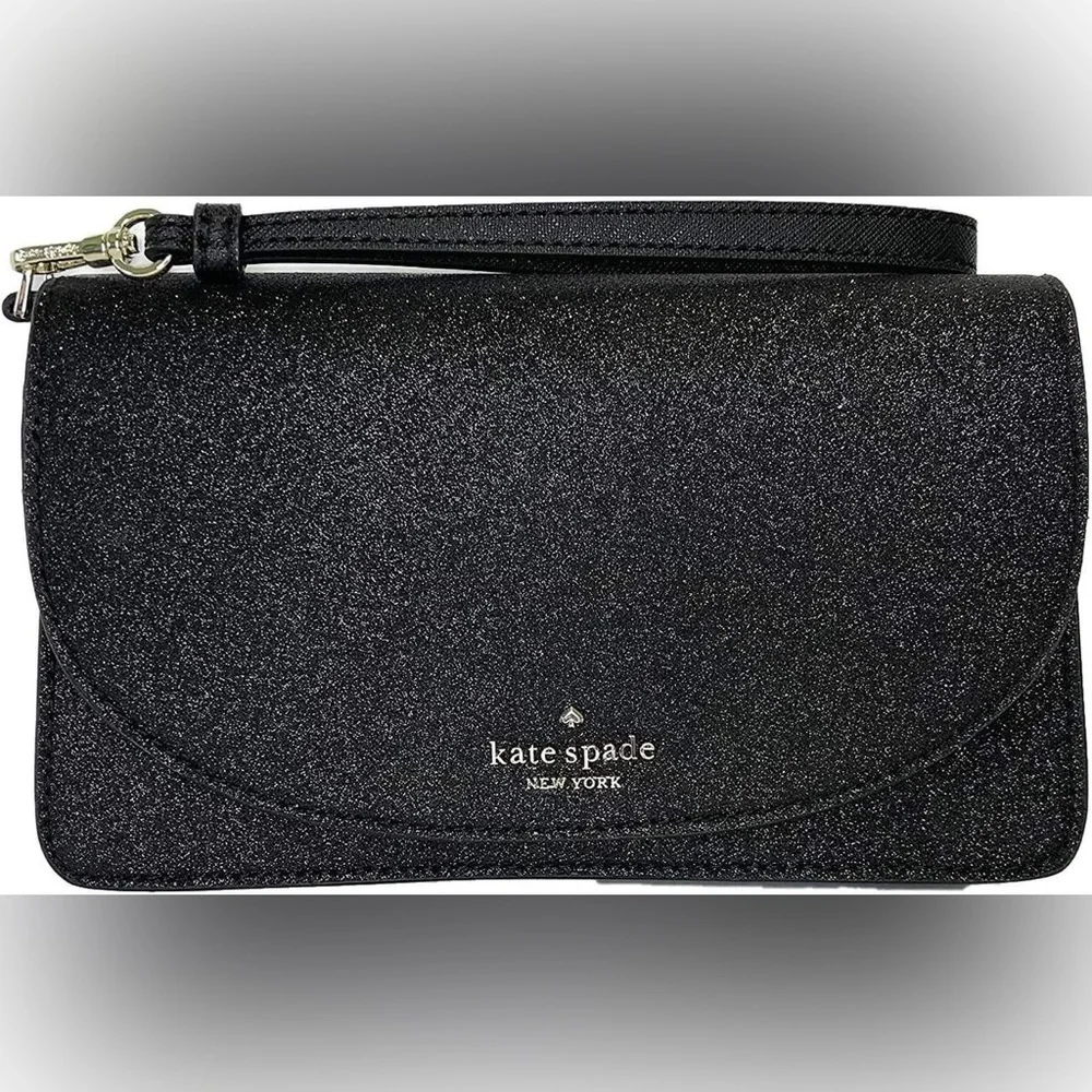 KATE SPADE NWT Joeley Multifunction Wristlet Wallet Black Sparkle Leather IN BOX